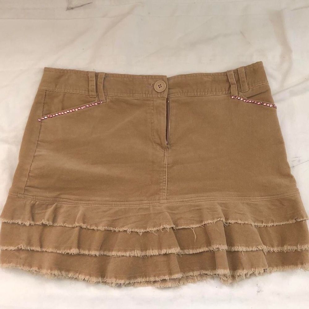 Y2K Brown micro mini ruffle tiered corduroy skirt pink rhinestones Fairy Barbie